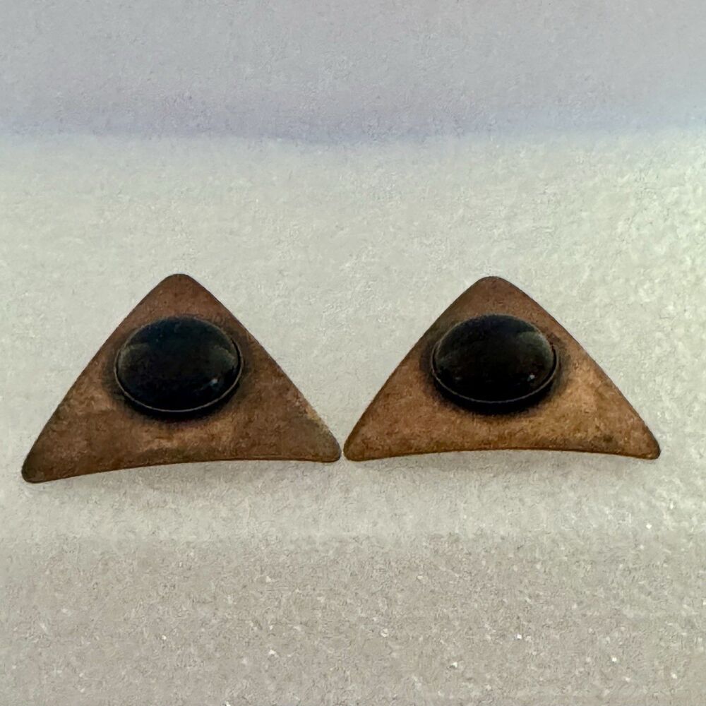 Geometric Copper Triangle Clip On Earrings With Black Center Stone